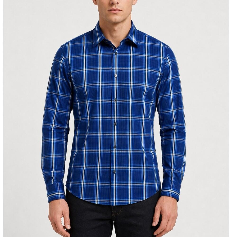 Express Men’s Fitted Blue Plaid Button Down Shirt Size M Long Sleeve 100% Cotton